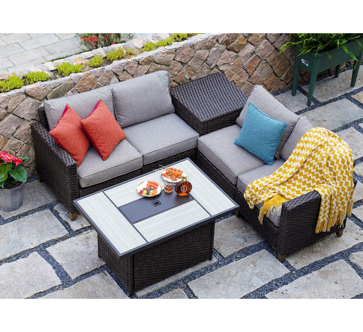 Rectangular Propane Gas Fire Pit Table with Resin Wicker Base