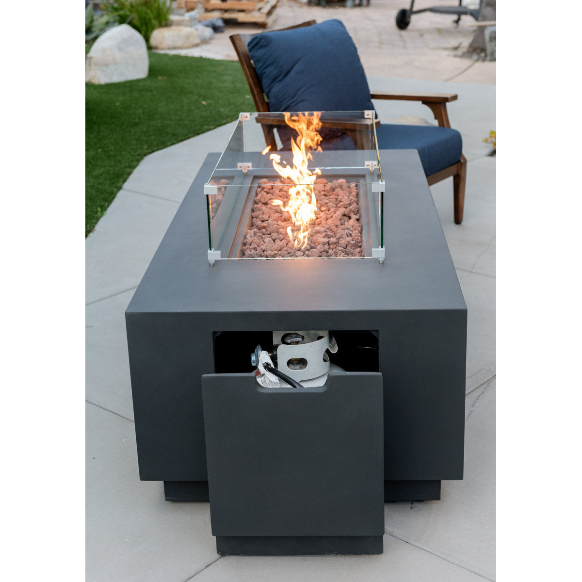 Sedona 66" Concrete Outdoor Fire Pit Table with Hideaway Propane Tank Holder Bundle with Wind Guard, Burner Lid, & Cover
